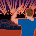 Illustration of Andrew Pololos DJing at an event.
