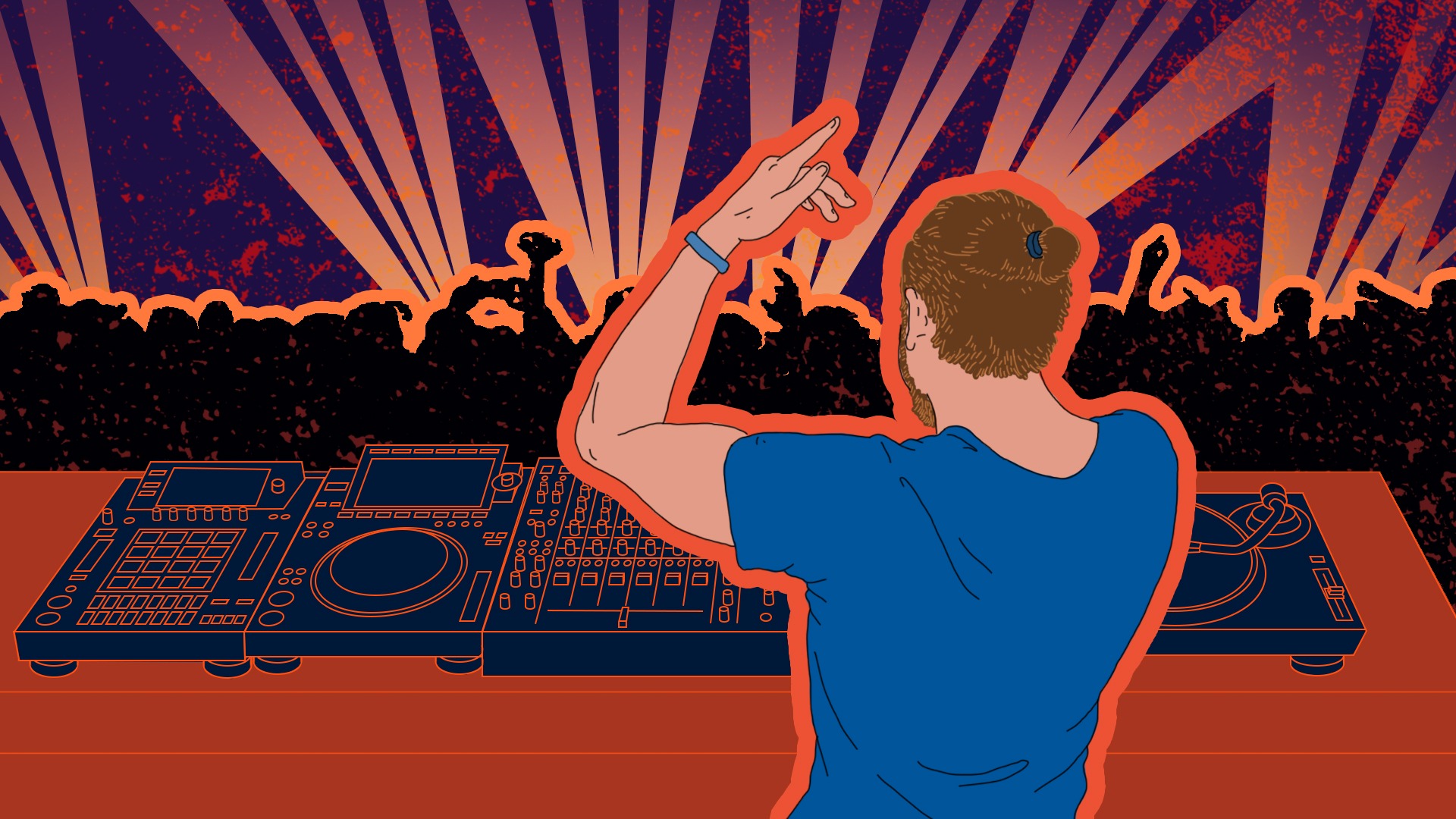 Illustration of Andrew Pololos DJing at an event.