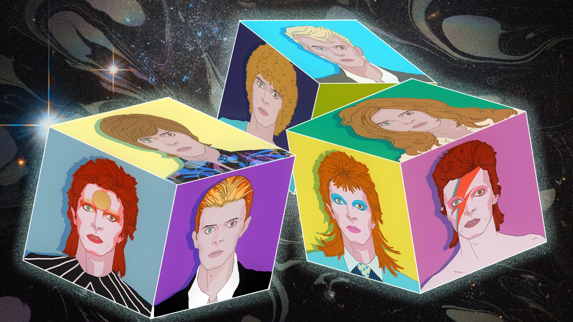 Multicoloured illustration of Bowie's different artistic phases
