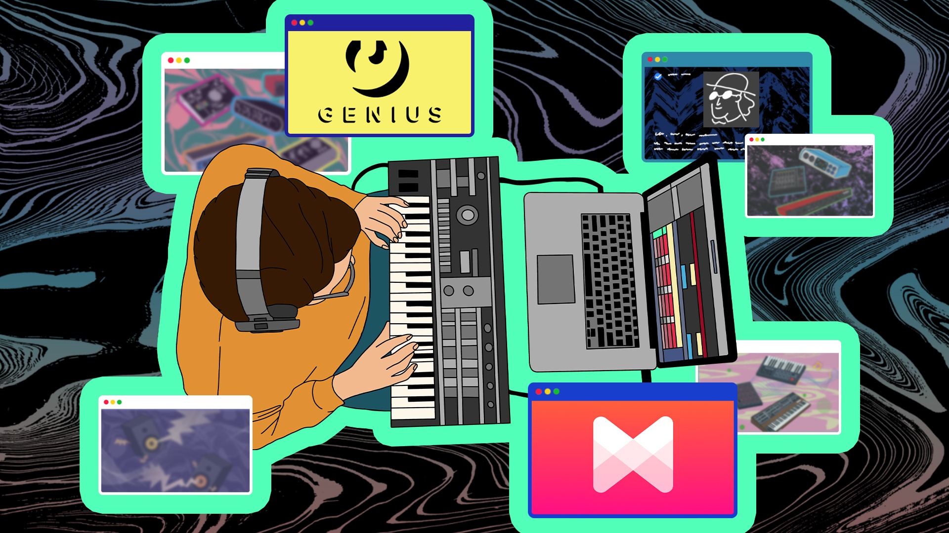 Illustration of audio engineer working on laptop with the different websites as widgets