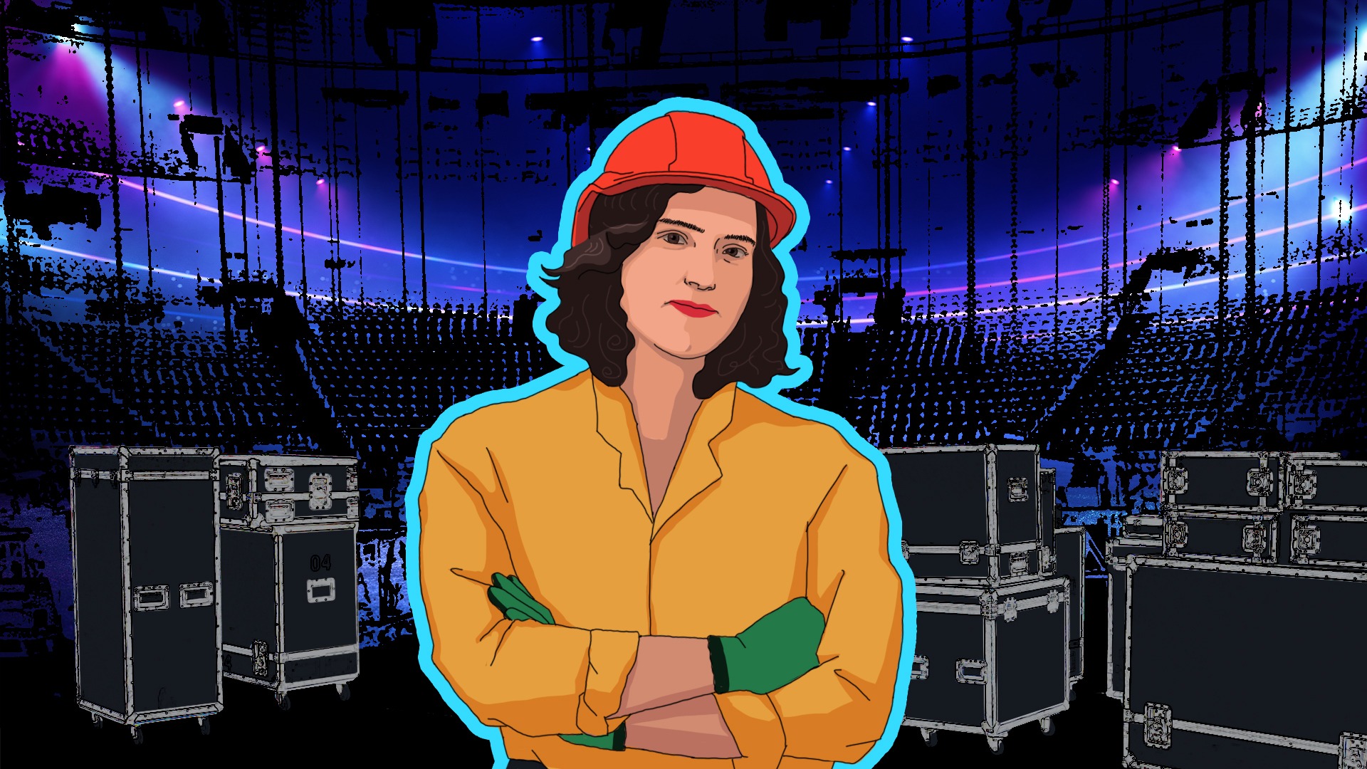 Illustration of Paulina Pinero in construction uniform in front of a concert set up