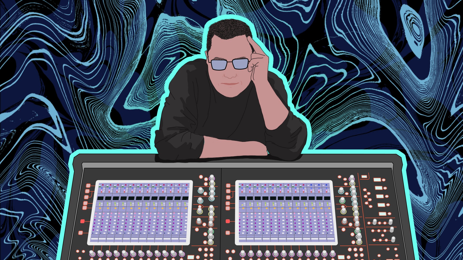 Illustration of Michael leaning in front of a console