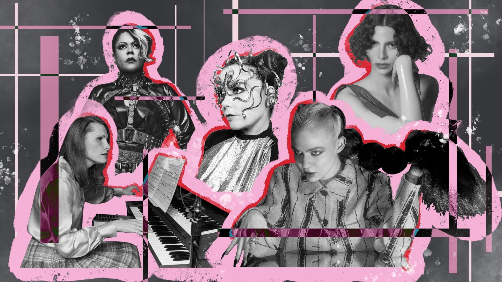 Illustrated image artists and producers Wendy Carlos, Bjork, Grimes, Crystal Waters and SOPHIE in honour of Women's History Month