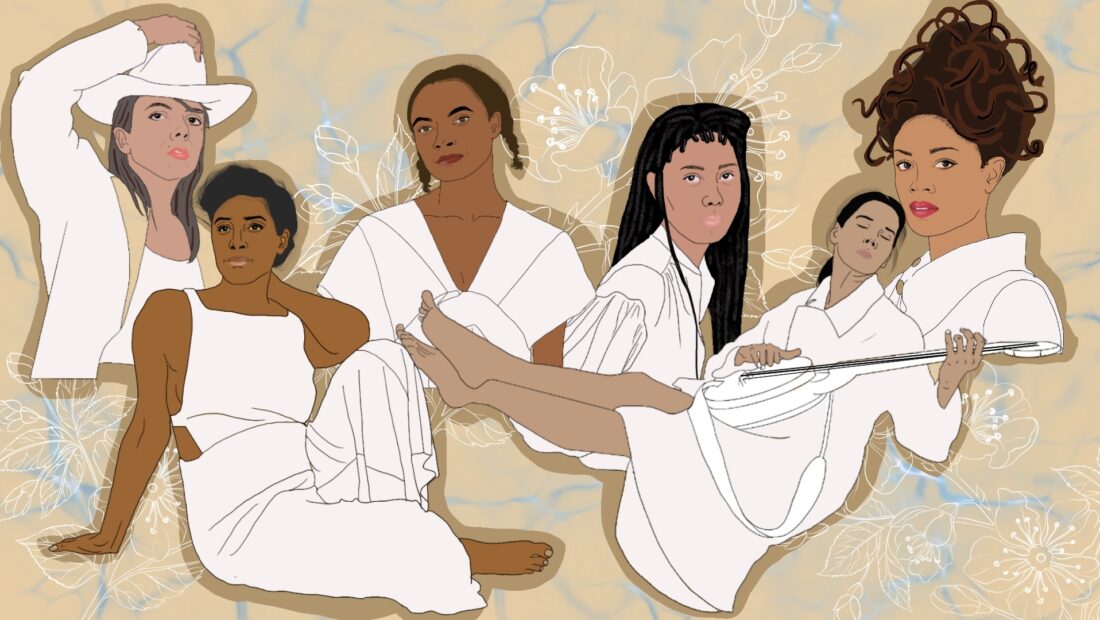 Illustration of 6 Black Women Who Revolutionized Country and Folk Music: Allison Russell, Leyla McCalla, June McDoom, Valerie June, Rhiannon Giddens, and Hurray for the Riff Raff