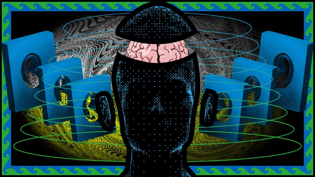 Illustration of the relationship between music and the brain for a series on auditory illusions.