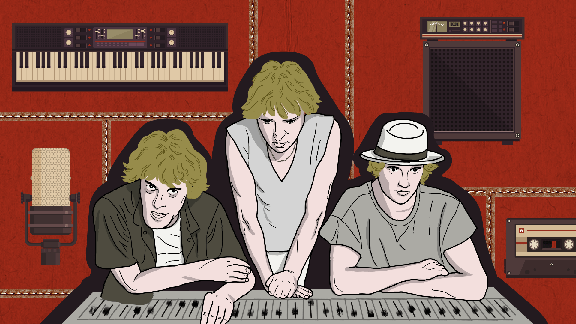 An illustration of three musicians to depict Studio Secrets: Revealing the Stories Behind Music's Greatest Hits