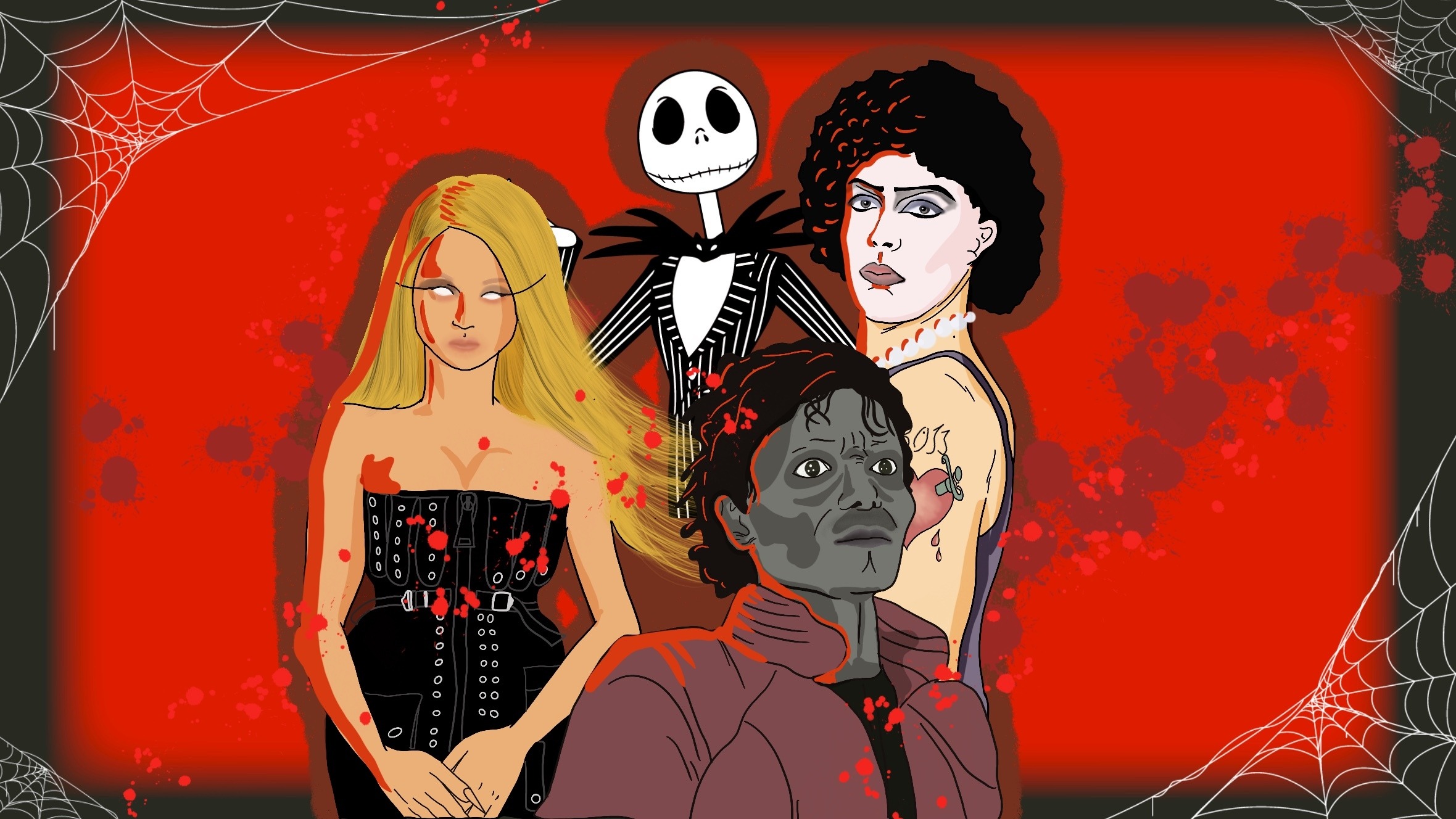 The ultimate Halloween 2024 playlist featuring Rihanna's "Disturbia", Kim Petras "Turn Off the Light" album, The Nightmare before Christmas soundtrack, Dr. Frank-N-Furter from the Rocky Horror Picture Show musical, and Michael Jackson's iconic "Thriller".